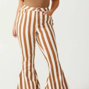 ARULA Brown and White Striped Flare Jeans